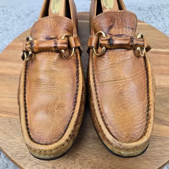 Zelli Mens 10.5M Brown Leather Patina Business Casual Wooden Horsebit Loafer